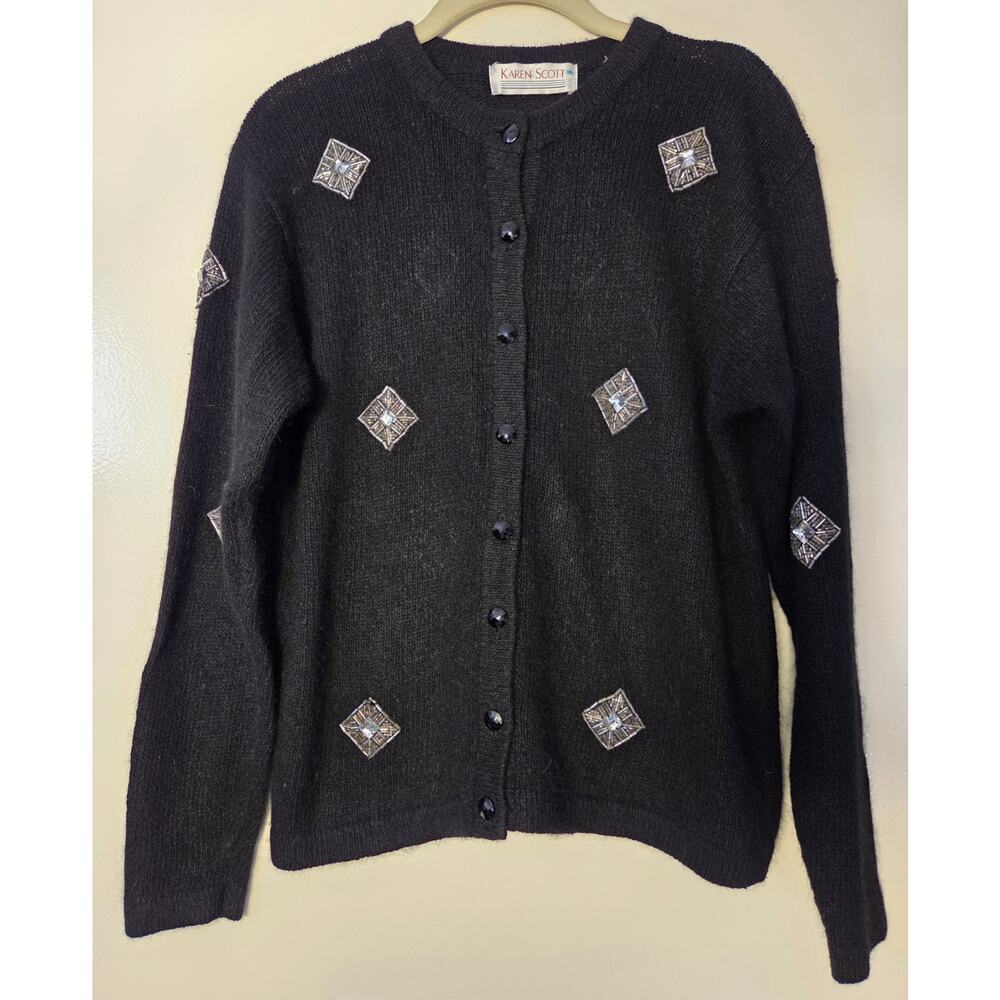 Vtg Karen Scott Sz M Cardigan Black Embellished Sweater Angora Silk Lambswool
